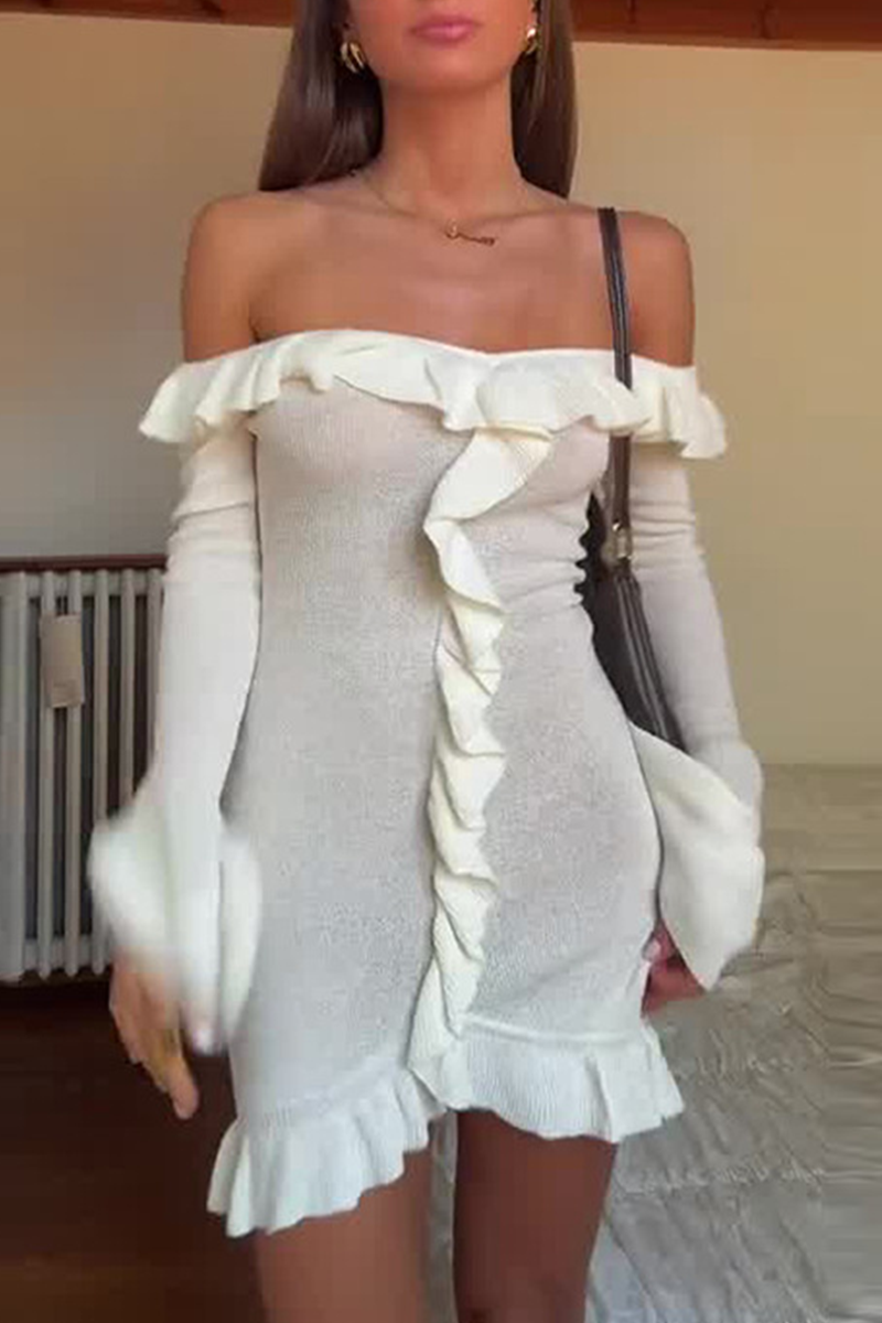 Sexy Solid Color Ruffle Off Shoulder Wrapped Skirt Dresses White