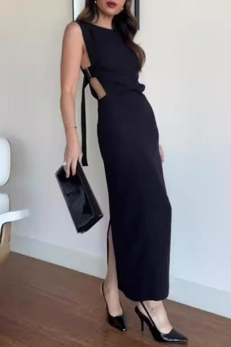 Casual Street Solid Color Hollow Out Slit O Neck One Step Skirt Dresses Black