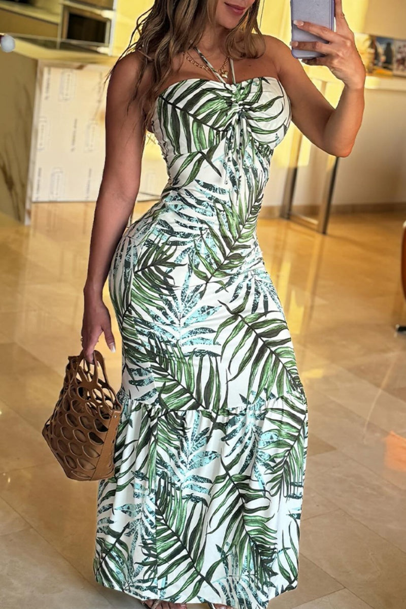 Sexy Casual Print Backless Strapless Long Dresses Green