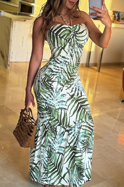 Sexy Casual Print Backless Strapless Long Dresses Green