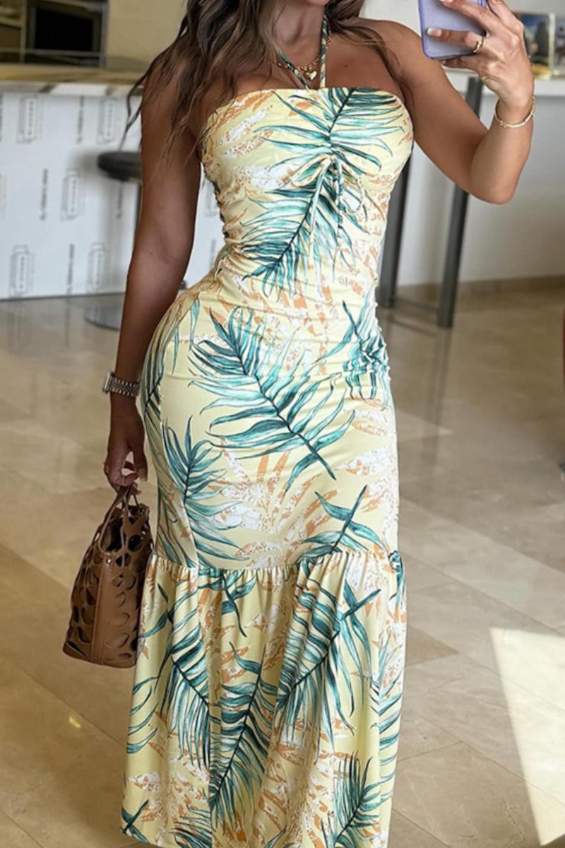 Sexy Casual Print Backless Strapless Long Dresses