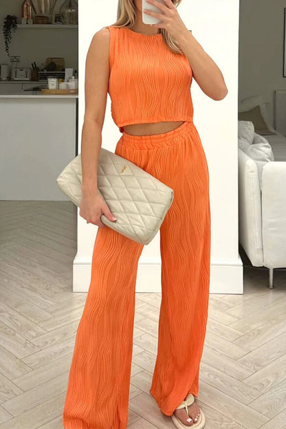 Casual Daily Solid Color Texture O Neck Sleeveless Two Pieces(6 Colors) Orange Red