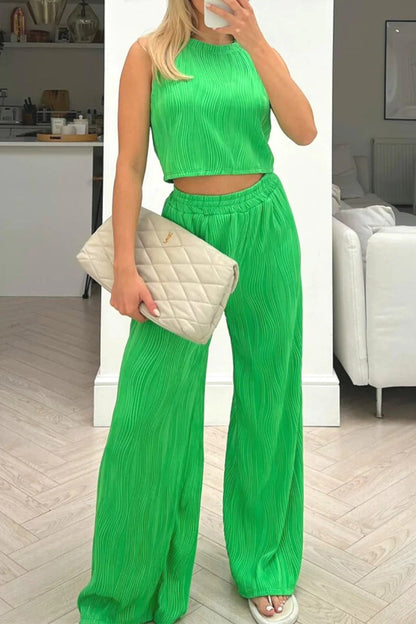 Casual Daily Solid Color Texture O Neck Sleeveless Two Pieces(6 Colors) Green