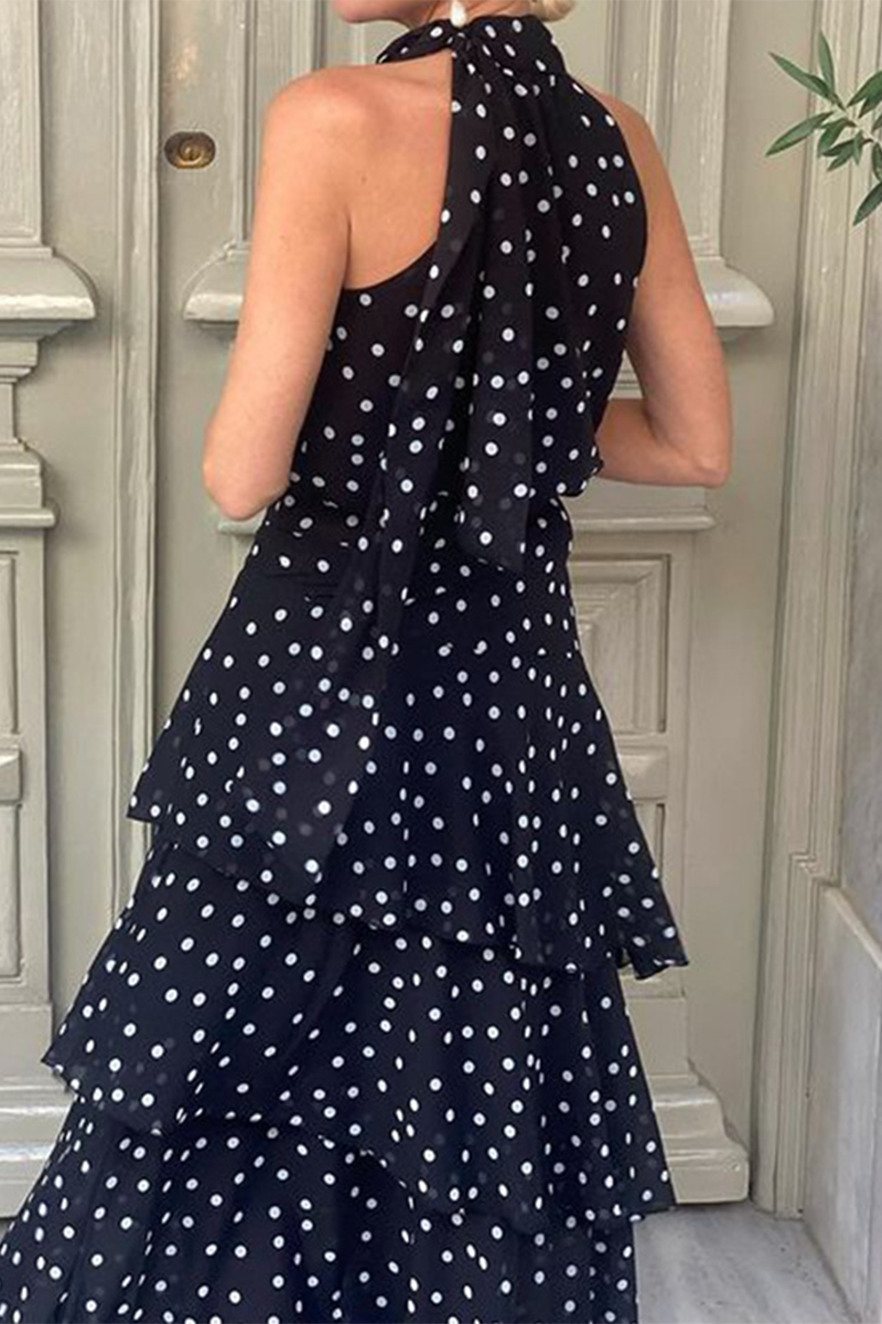 Street Daily Polka Dot Ruffle Zipper Halter Sleeveless Dresses