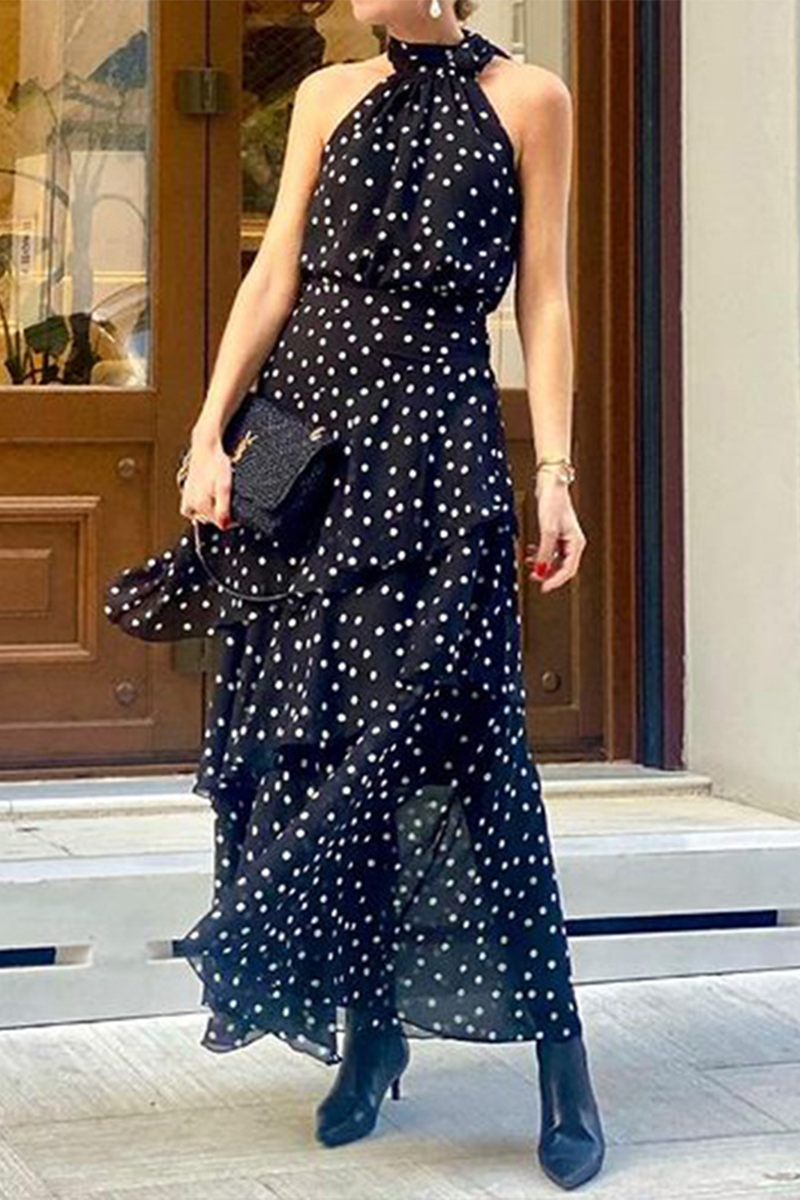 Street Daily Polka Dot Ruffle Zipper Halter Sleeveless Dresses Black