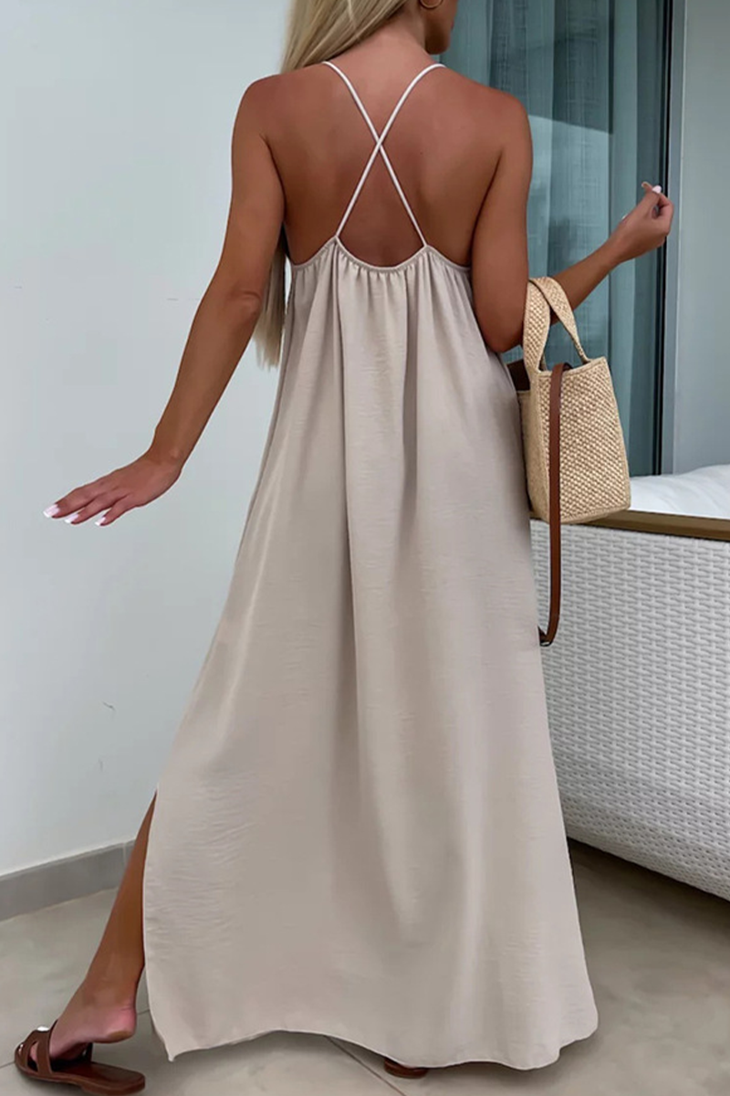 Casual Solid Color Backless Slit U Neck Sling Dresses(5 Colors)