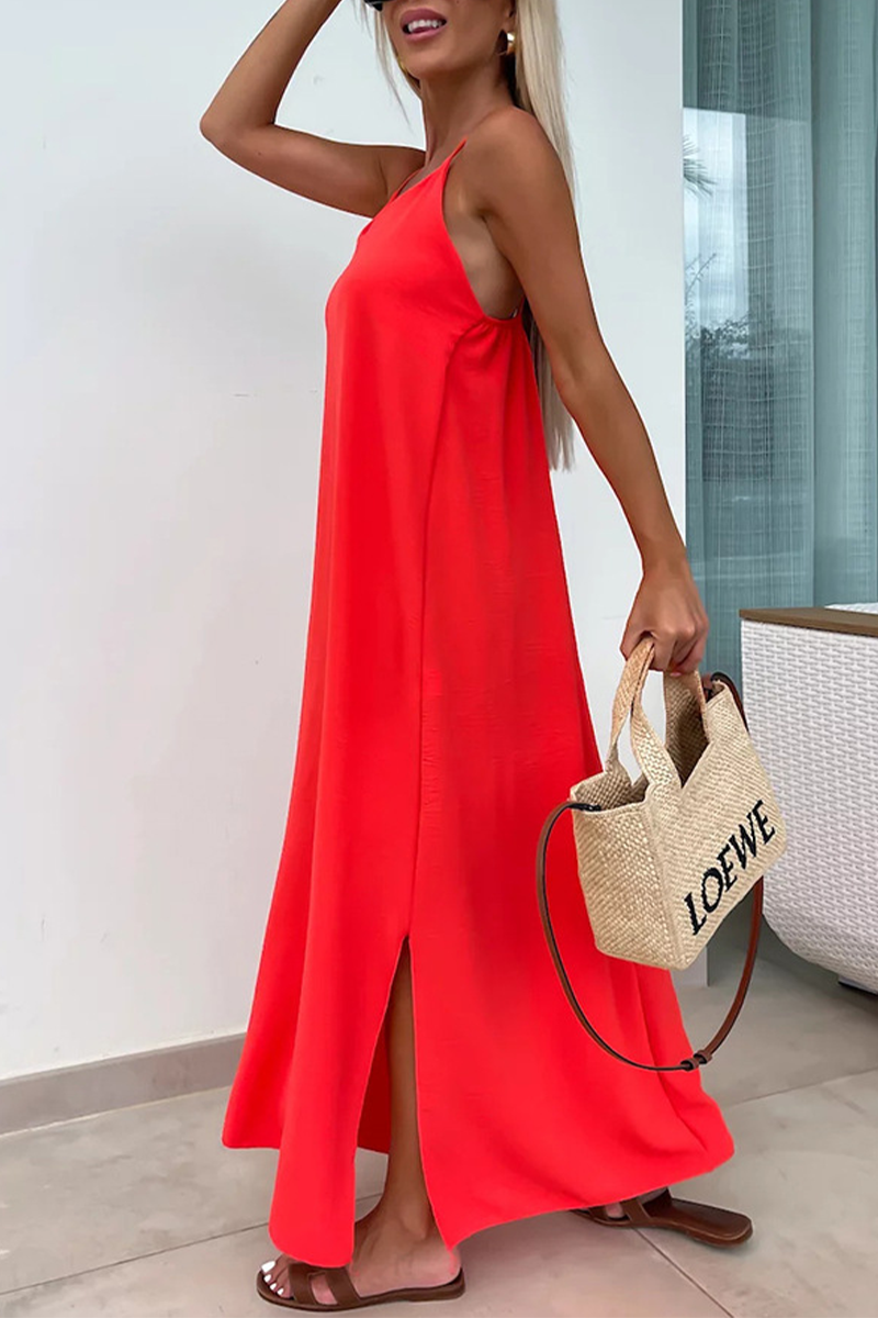 Casual Solid Color Backless Slit U Neck Sling Dresses(5 Colors)