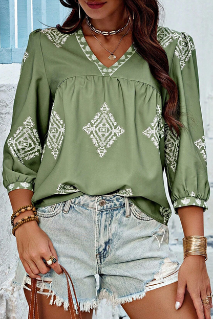 Casual Daily Geometric Print V Neck Tops(6 Colors) Green