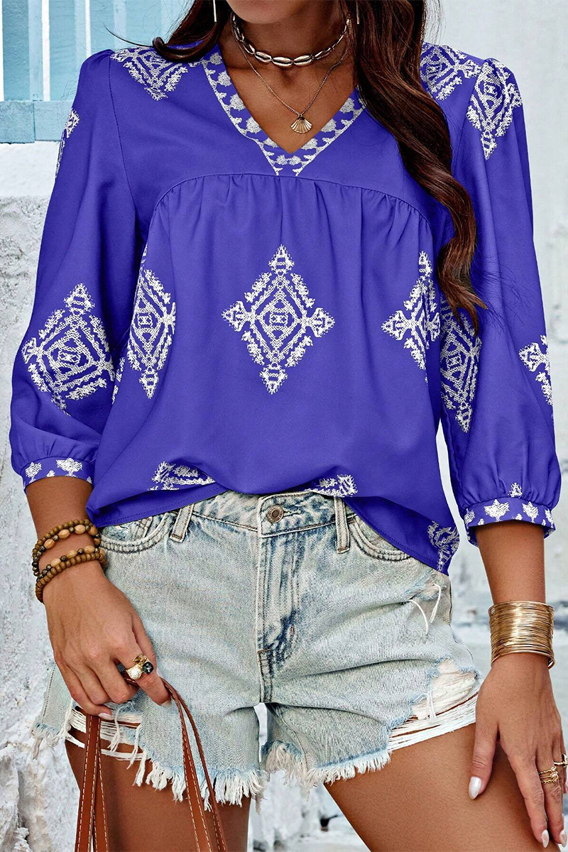 Casual Daily Geometric Print V Neck Tops(6 Colors) Purple