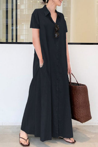 Casual Solid Color Print Patchwork Shirt Collar Long Dresses(6 Colors) Tibetan Blue