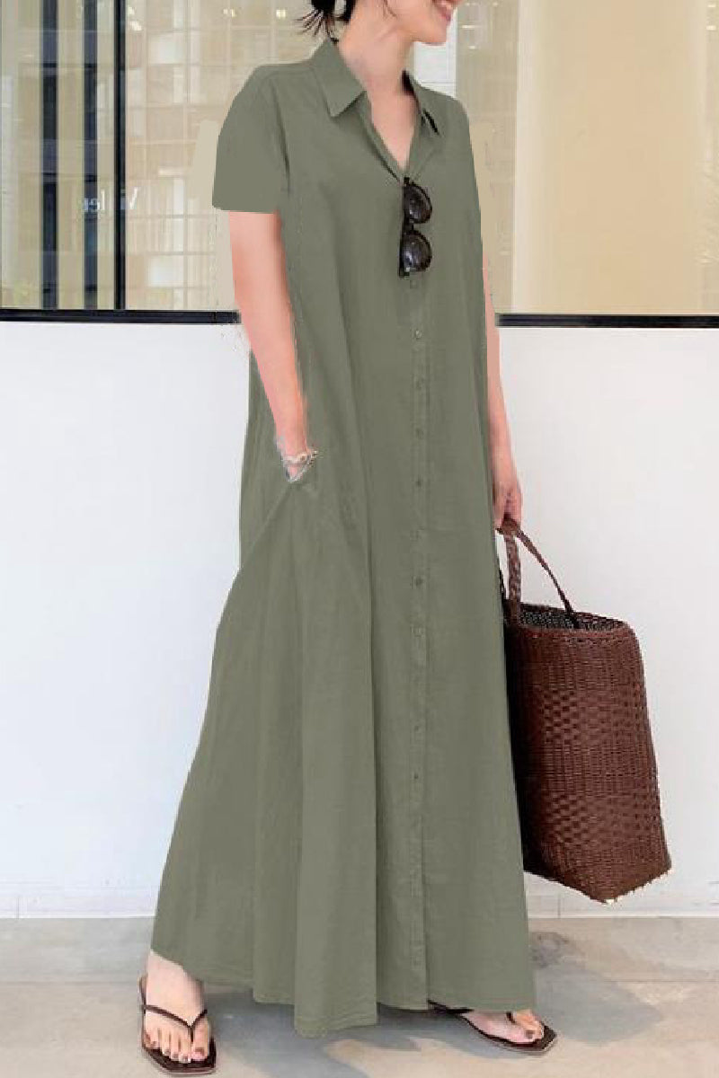 Casual Solid Color Print Patchwork Shirt Collar Long Dresses(6 Colors) Light Army Green