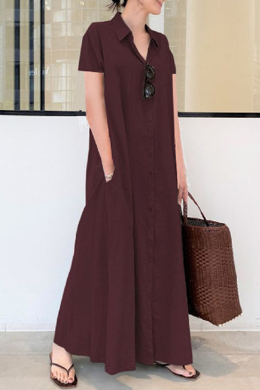 Casual Solid Color Print Patchwork Shirt Collar Long Dresses(6 Colors) Burgundy