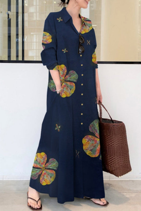 Casual Print Basic Shirt Collar Long Dresses(4 Colors) Dark Blue