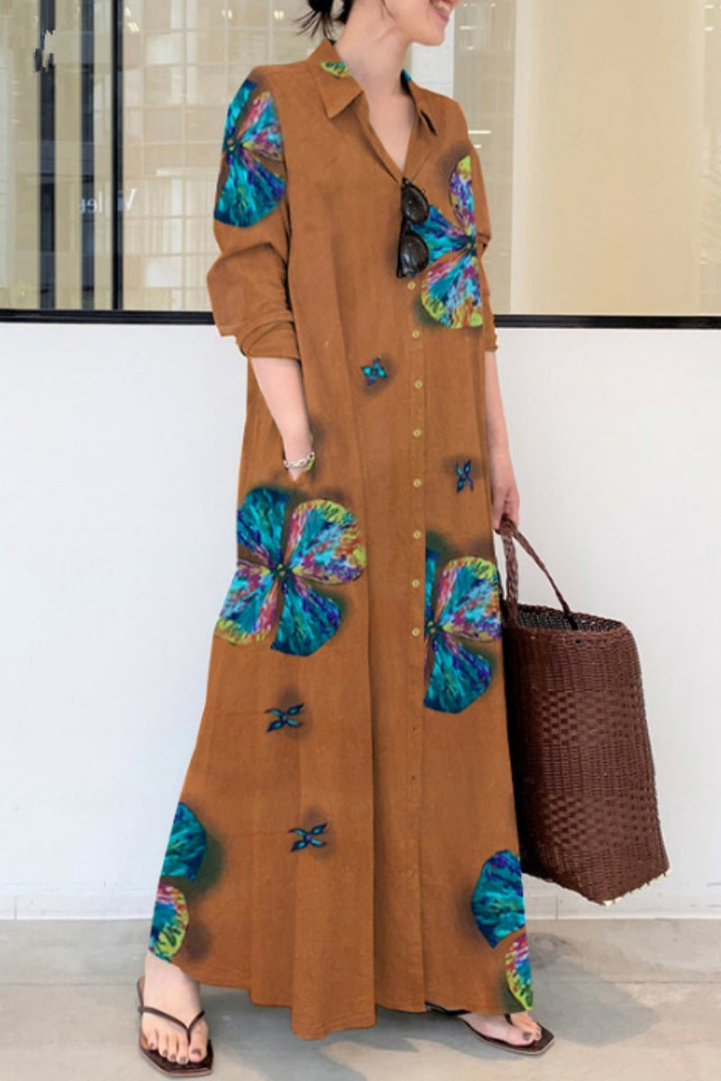 Casual Print Basic Shirt Collar Long Dresses(4 Colors) Orange