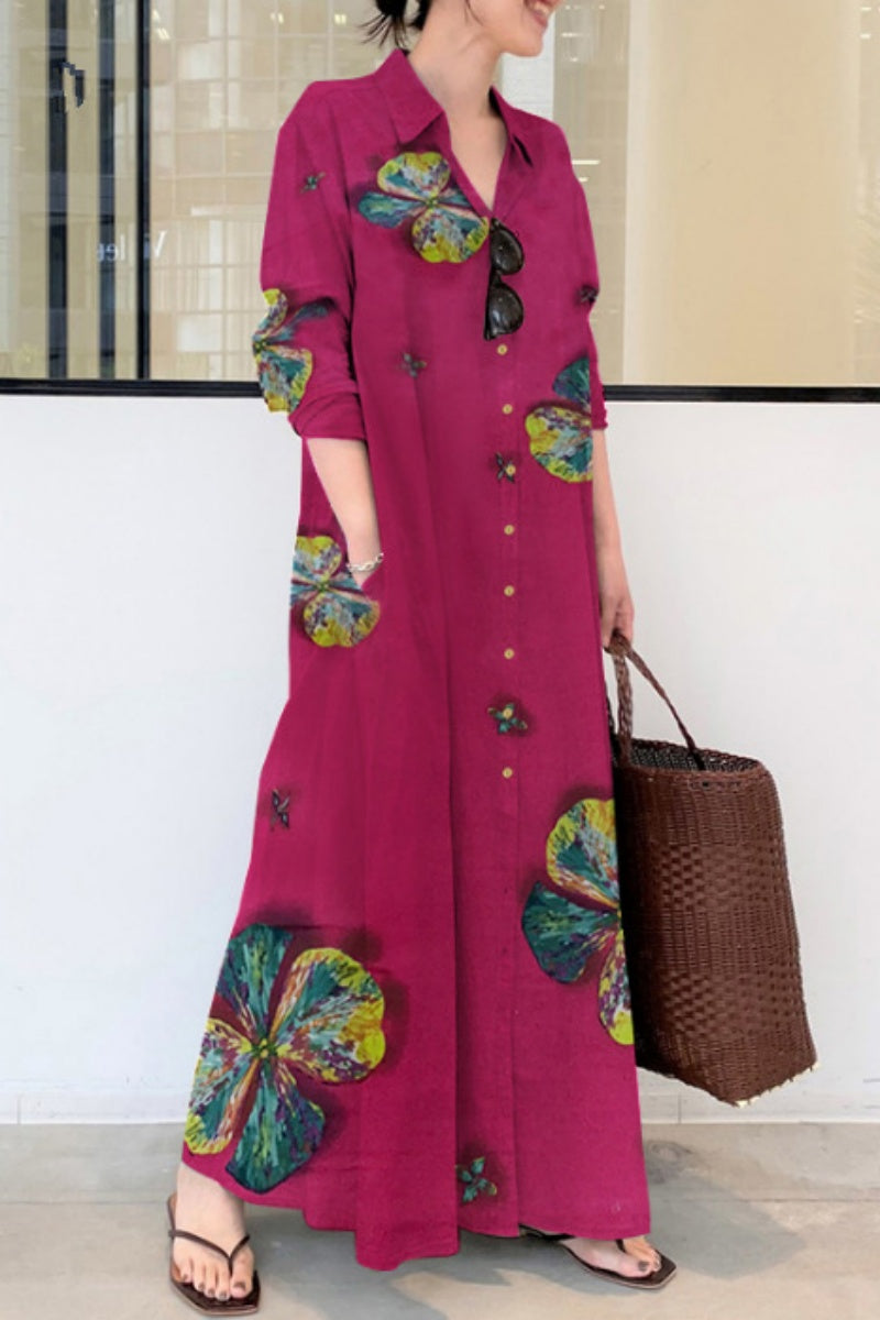 Casual Print Basic Shirt Collar Long Dresses(4 Colors) Rose Red