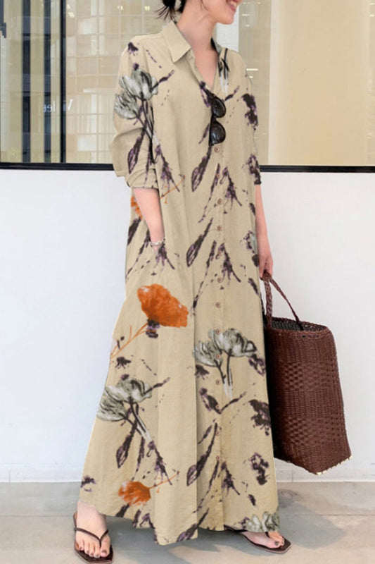 Casual Floral Print Patchwork Shirt Collar Long Dresses Beige