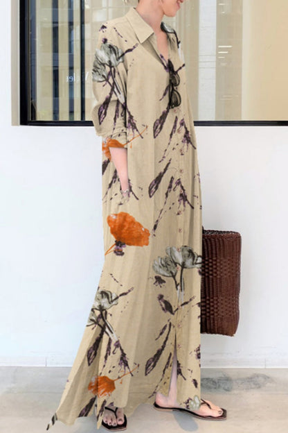 Casual Floral Print Patchwork Shirt Collar Long Dresses