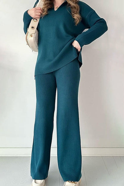 Casual Daily Solid Color Slit V Neck Long Sleeve Two Pieces(5 Colors) Malachite Green