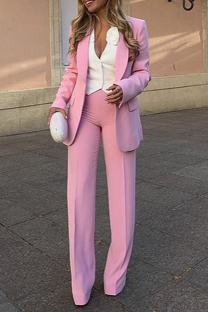 Casual Business Wear Solid Color Patchwork Turn-back Collar Long Sleeve Two Pieces Pink