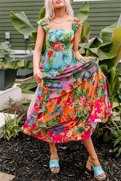 Casual Floral Print Patchwork Backless Square Neck Long Dresses Multicolor