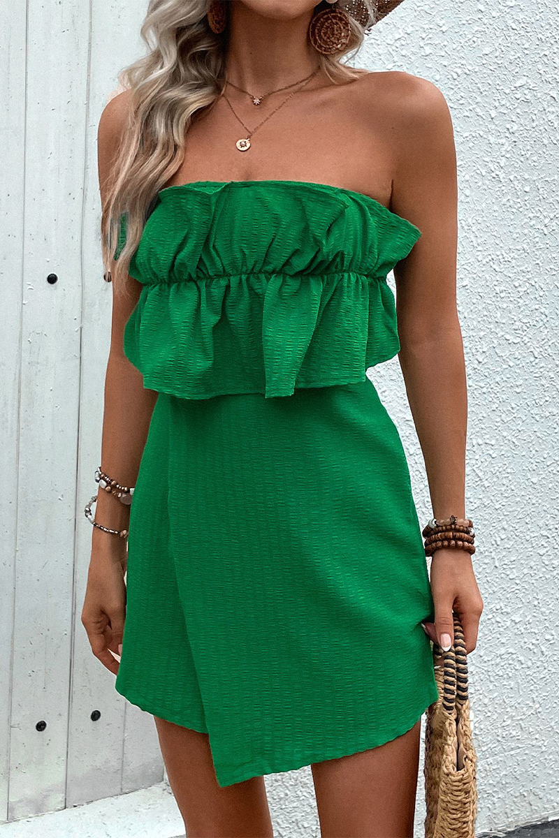 Sexy Street Solid Color Ruffle Zipper Strapless Rompers Green