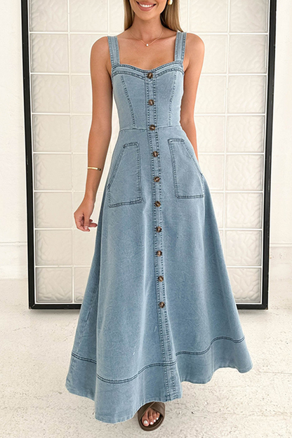 Sexy Street Solid Color Pocket Buttons Zipper V Neck Sleeveless Denim Dresses Blue