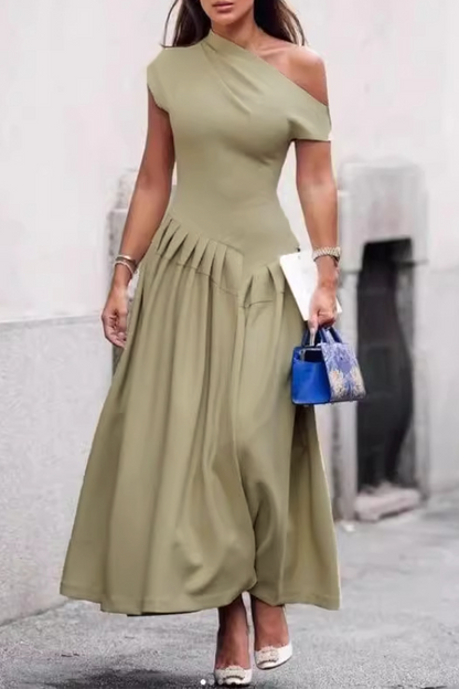 Casual Street Solid Color Ruched Irregular Oblique Collar Sleeveless Dresses(3 Colors) Dark Khaki