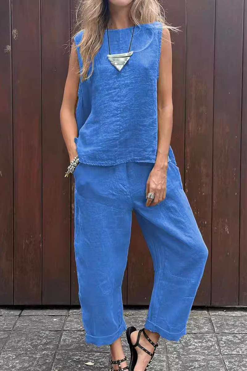 Casual Daily Solid Color Pocket O Neck Sleeveless Two Pieces(7 Colors) Blue