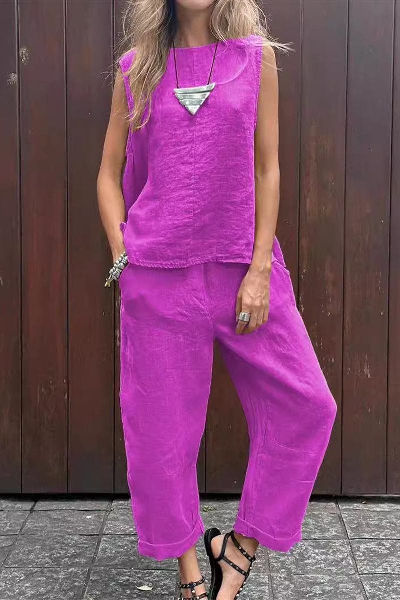 Casual Daily Solid Color Pocket O Neck Sleeveless Two Pieces(7 Colors) Purple