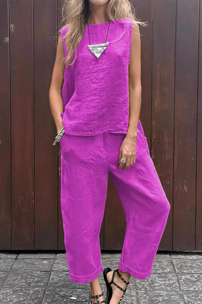 Casual Daily Solid Color Pocket O Neck Sleeveless Two Pieces(7 Colors) Purple