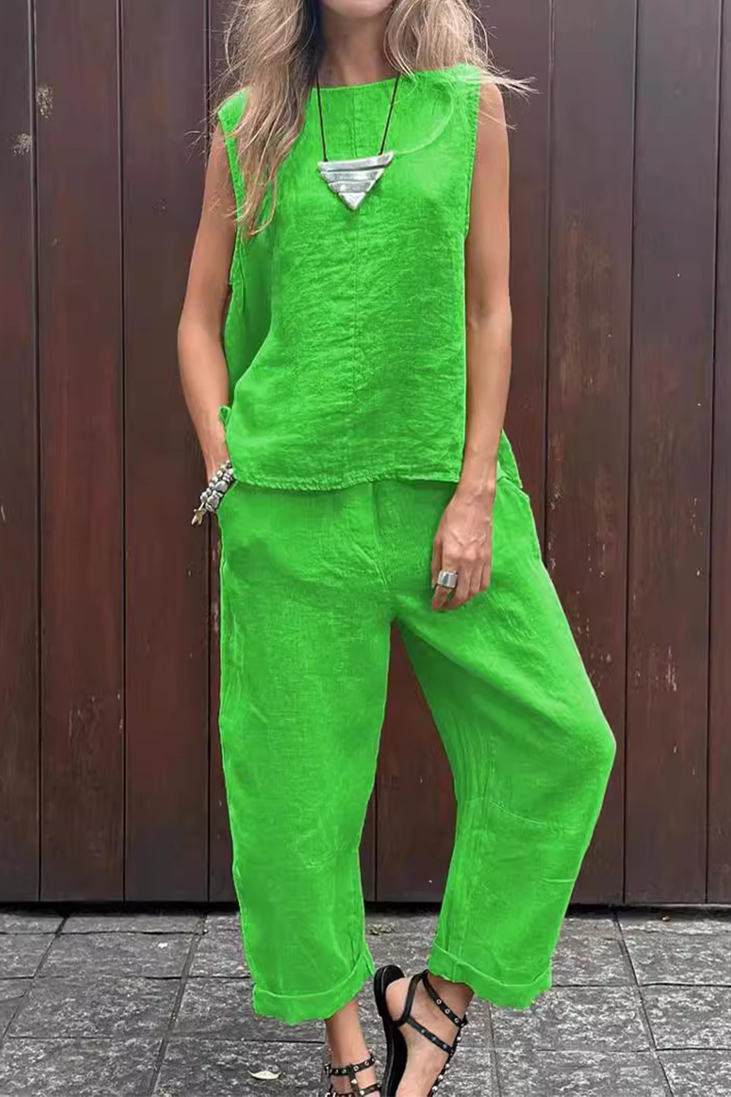 Casual Daily Solid Color Pocket O Neck Sleeveless Two Pieces(7 Colors) Green