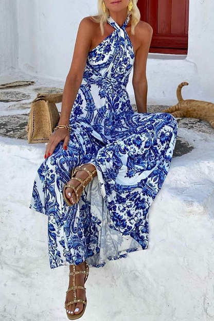 Bohemian Vacation Floral Print Patchwork Halter Sleeveless Dresses Blue