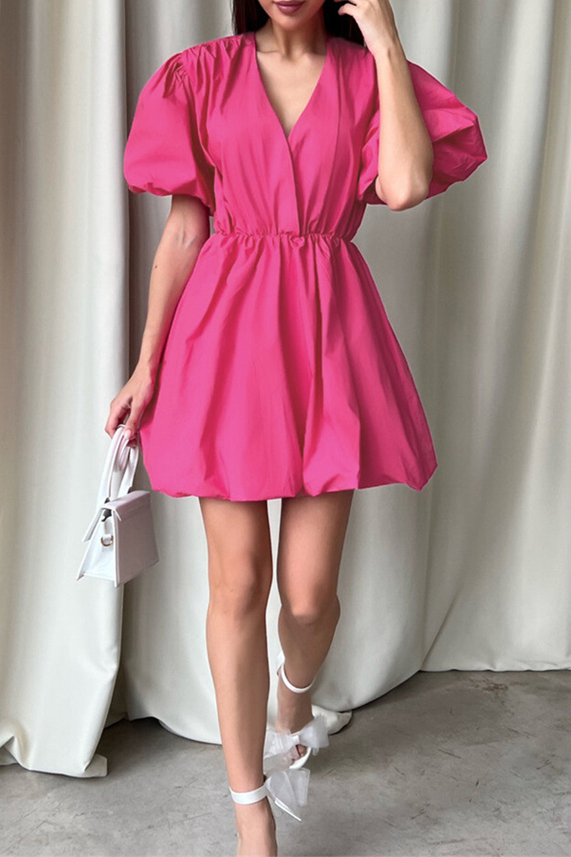 Casual Solid Color Ruched V Neck Princess Short Sleeve Dress(5 Colors)