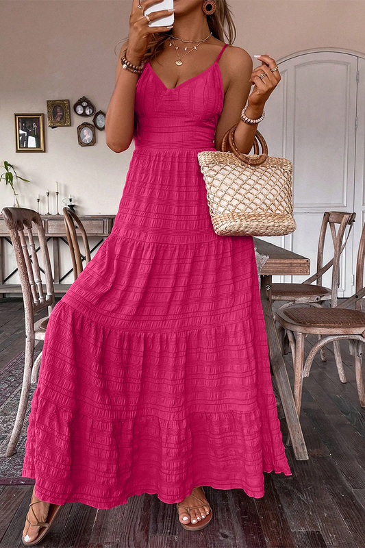 Casual Daily Solid Color Lace Up V Neck Sling Dresses Rose Red