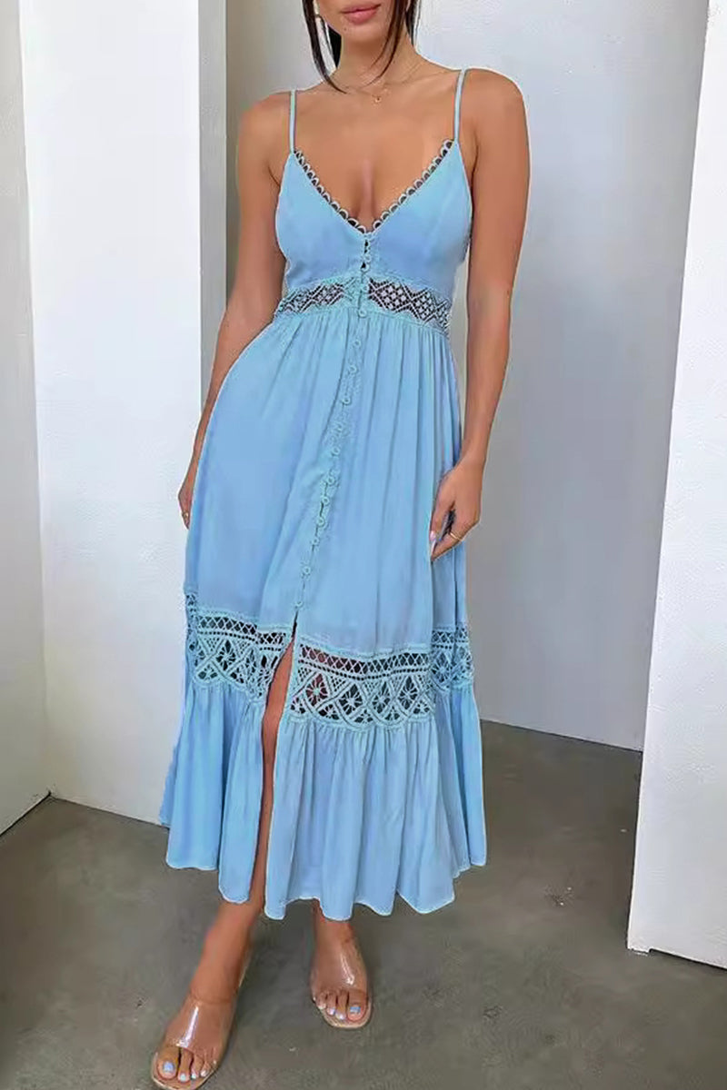 Sexy Vacation Solid Color Hollow Out Buttons Slit V Neck Sling Dresses