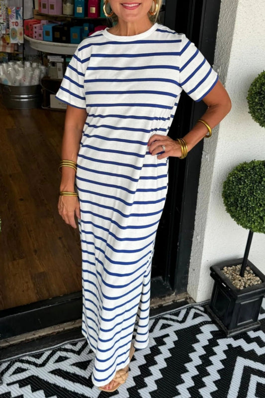 Casual Striped Print Slit O Neck Long Dresses(6 Colors) Blue