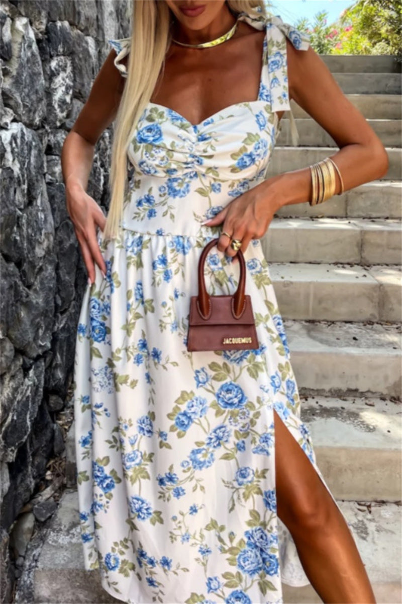 Casual Solid Color Floral Print Backless Slit Belted Spaghetti Strap Sleeveless Dresses(7 Colors)