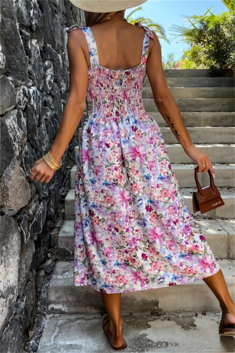 Casual Solid Color Floral Print Backless Slit Belted Spaghetti Strap Sleeveless Dresses(7 Colors)