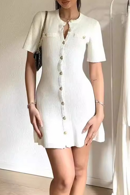 Daily Celebrities Solid Color Buckle O Neck A Line Short Sleeve Dress White