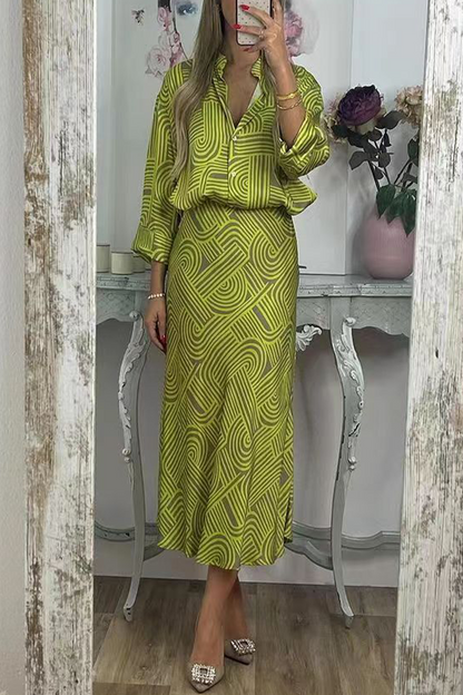 Daily Elegant Geometric Print Buttons Turndown Collar Three Quarter Two Pieces(3 Colors) Green Yellow