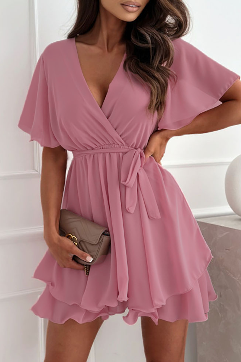 Sexy Solid Color Lace Up Ruffle V Neck A Line Dresses(3 Colors) Pink