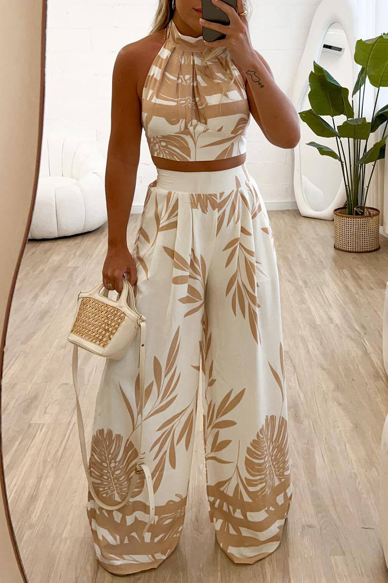 Casual Street Floral Print Lace Up Halter Sleeveless Two Pieces Khaki