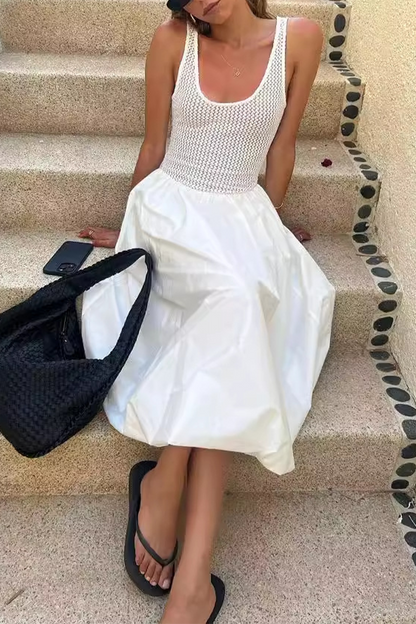 Casual Solid Color Patchwork U Neck Sleeveless Dresses White