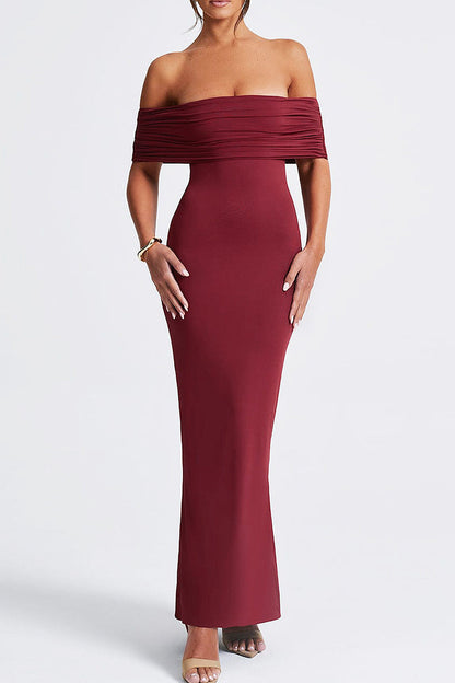 Celebrities Solid Color Hollow Out Patchwork Backless Ruched Off Shoulder Long Dresses Burgundy