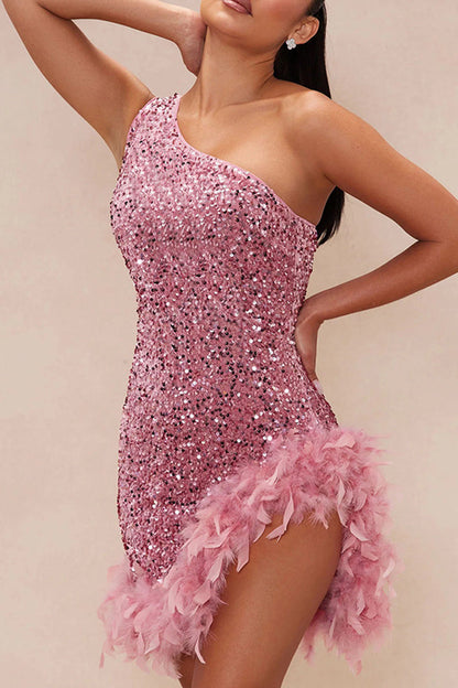 Sexy Sequins Patchwork Backless Feather Hemline Oblique Collar Wrapped Skirt Dresses Pink