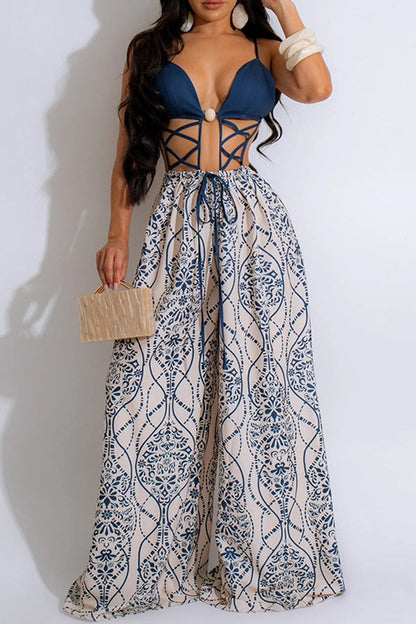 Sexy Print Hollow Out Patchwork Backless Spaghetti Strap Loose Jumpsuits Blue