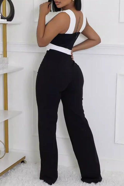 Casual Hollow Out Patchwork Backless V Neck Regular Jumpsuits