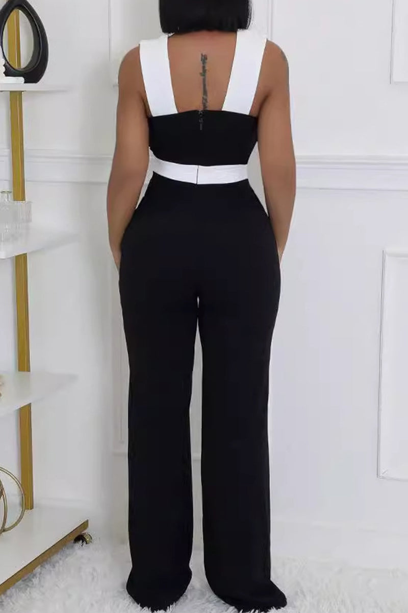 Casual Hollow Out Patchwork Backless V Neck Regular Jumpsuits