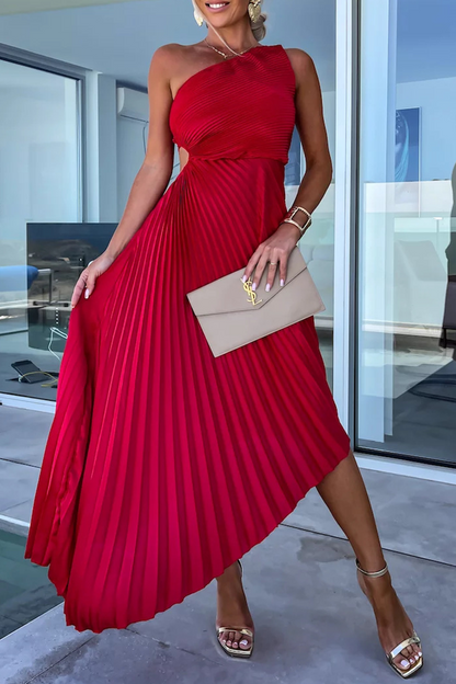 Sexy Solid Color Irregular Pleated Oblique Collar Fishtail Dresses(6 Colors) Red