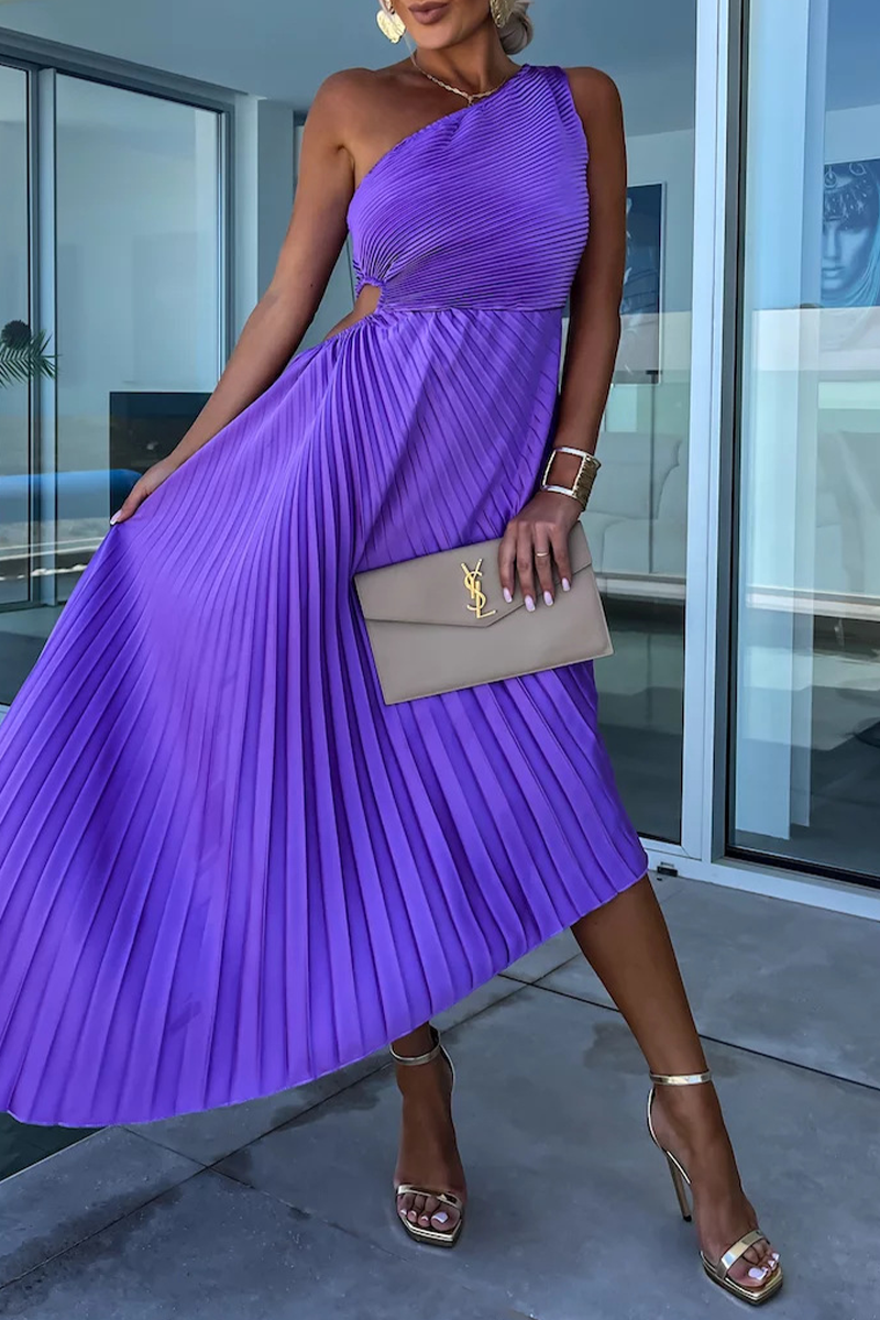 Sexy Solid Color Irregular Pleated Oblique Collar Fishtail Dresses(6 Colors) Purple